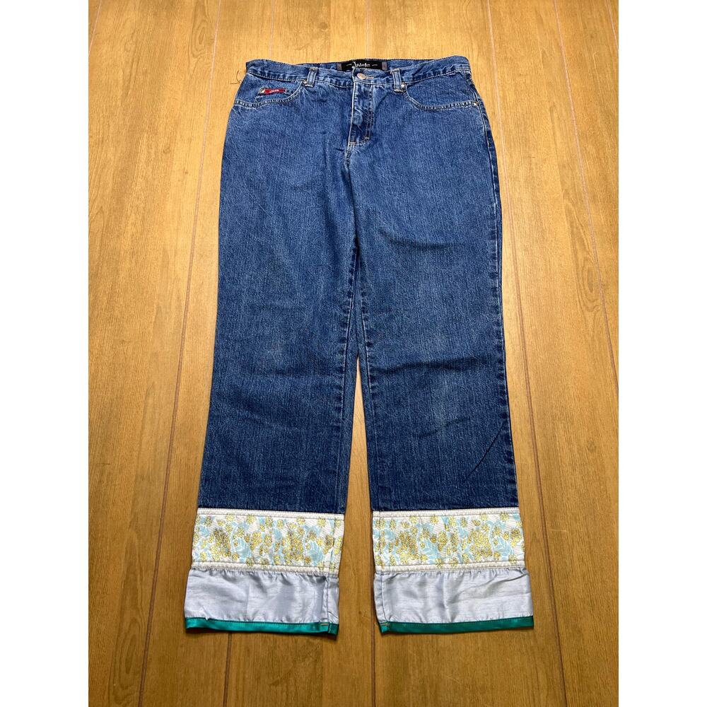Jalate Jeans Womens 9/10 Sz 30x26 Blue Denim Floral Cuff Wide Leg Boho Y2K‎